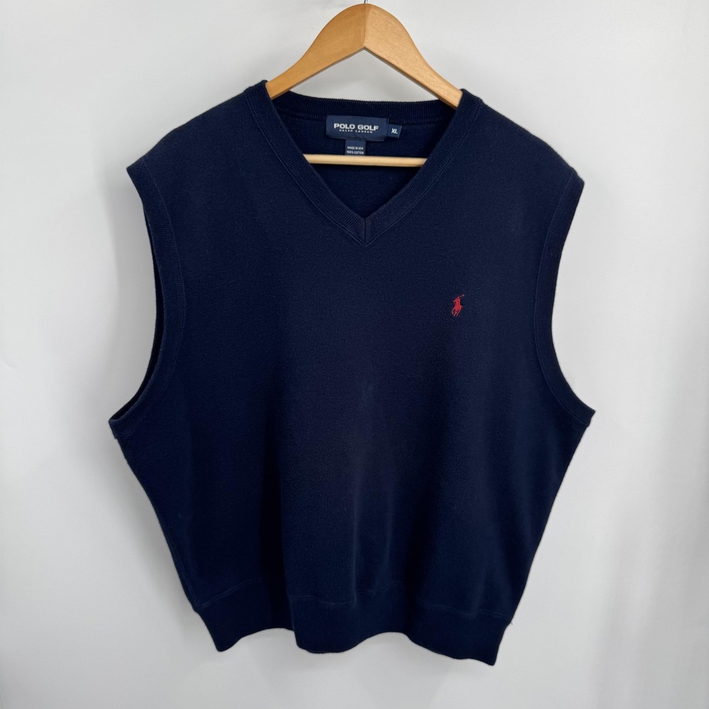 Vintage Polo Golf Ralph Lauren Sweater‎ Vest Mens XL Navy Cotton Made USA 90s